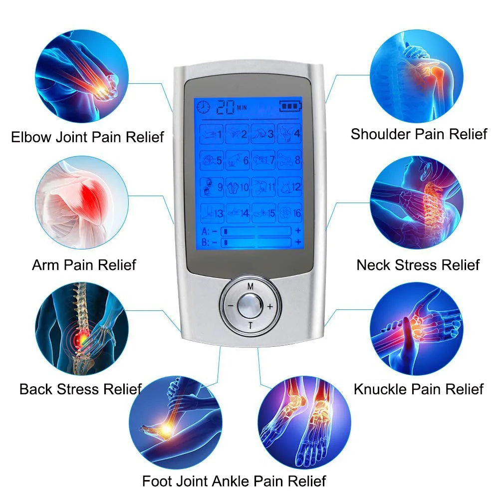 Premium Dual-Channel Electric Pulse Massager – Rechargeable EMS/TENS Stimulation Device with 16 Modes, LCD Display, Portable Design