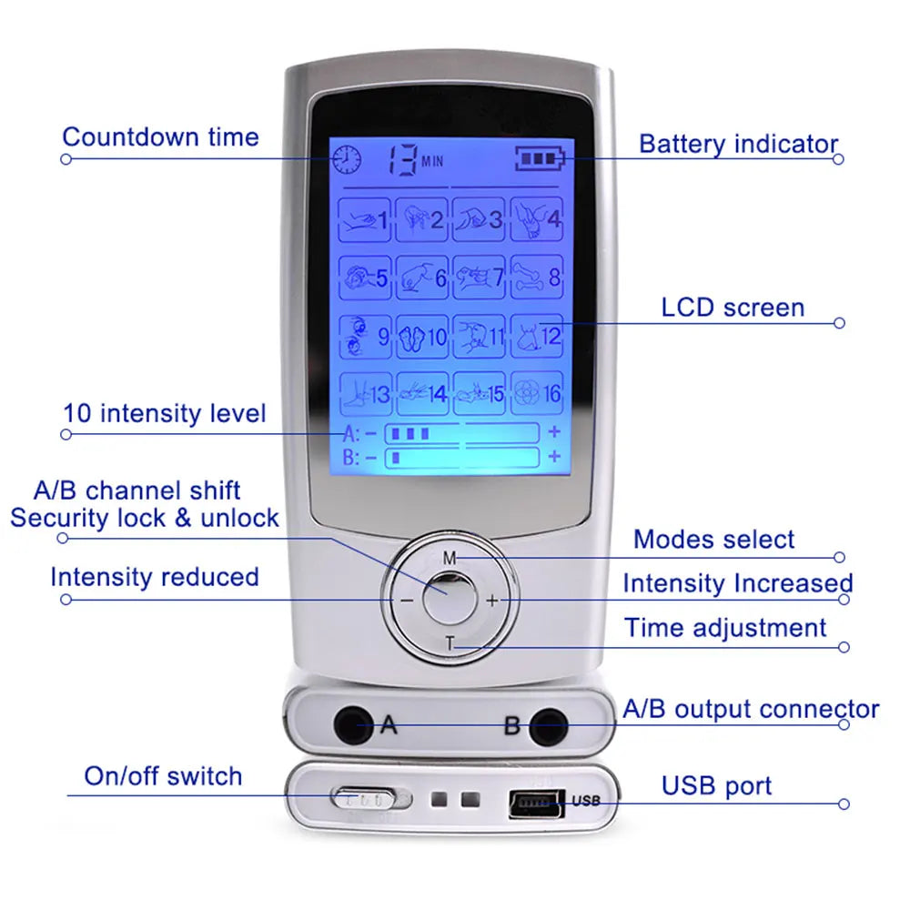 Premium Dual-Channel Electric Pulse Massager – Rechargeable EMS/TENS Stimulation Device with 16 Modes, LCD Display, Portable Design