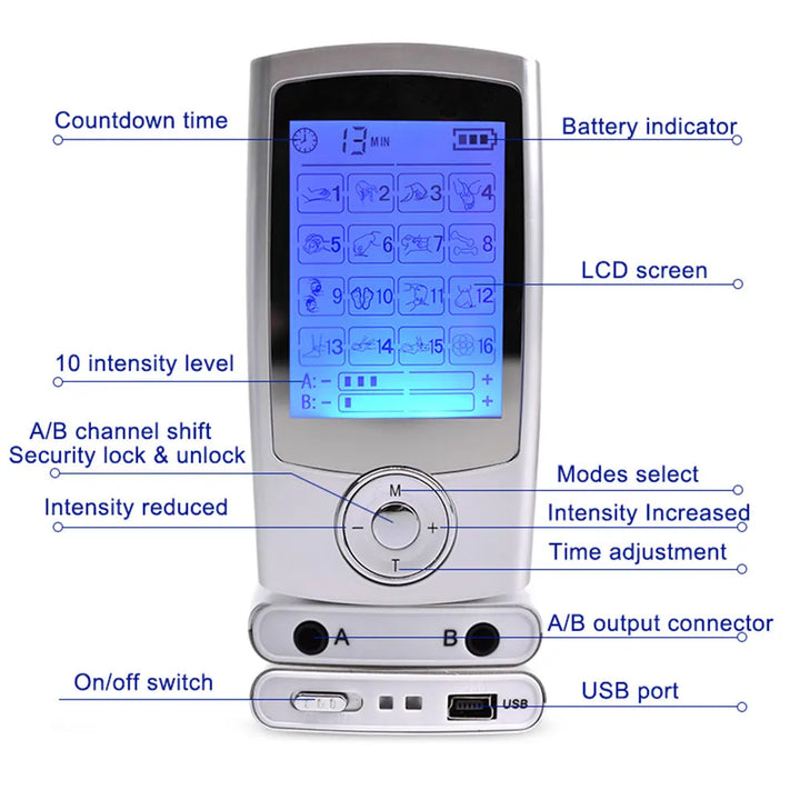 Premium Dual-Channel Electric Pulse Massager – Rechargeable EMS/TENS Stimulation Device with 16 Modes, LCD Display, Portable Design