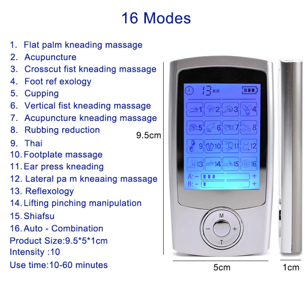 Premium Dual-Channel Electric Pulse Massager – Rechargeable EMS/TENS Stimulation Device with 16 Modes, LCD Display, Portable Design