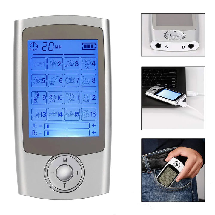 Premium Dual-Channel Electric Pulse Massager – Rechargeable EMS/TENS Stimulation Device with 16 Modes, LCD Display, Portable Design
