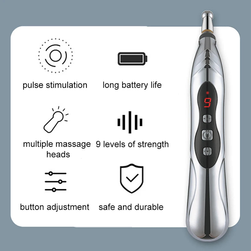 Premium Electric Meridian Massage Pen – Multi-Tip Pulse Massage Tool for Body Relaxation, Acupressure Point Stimulation and Everyday Use