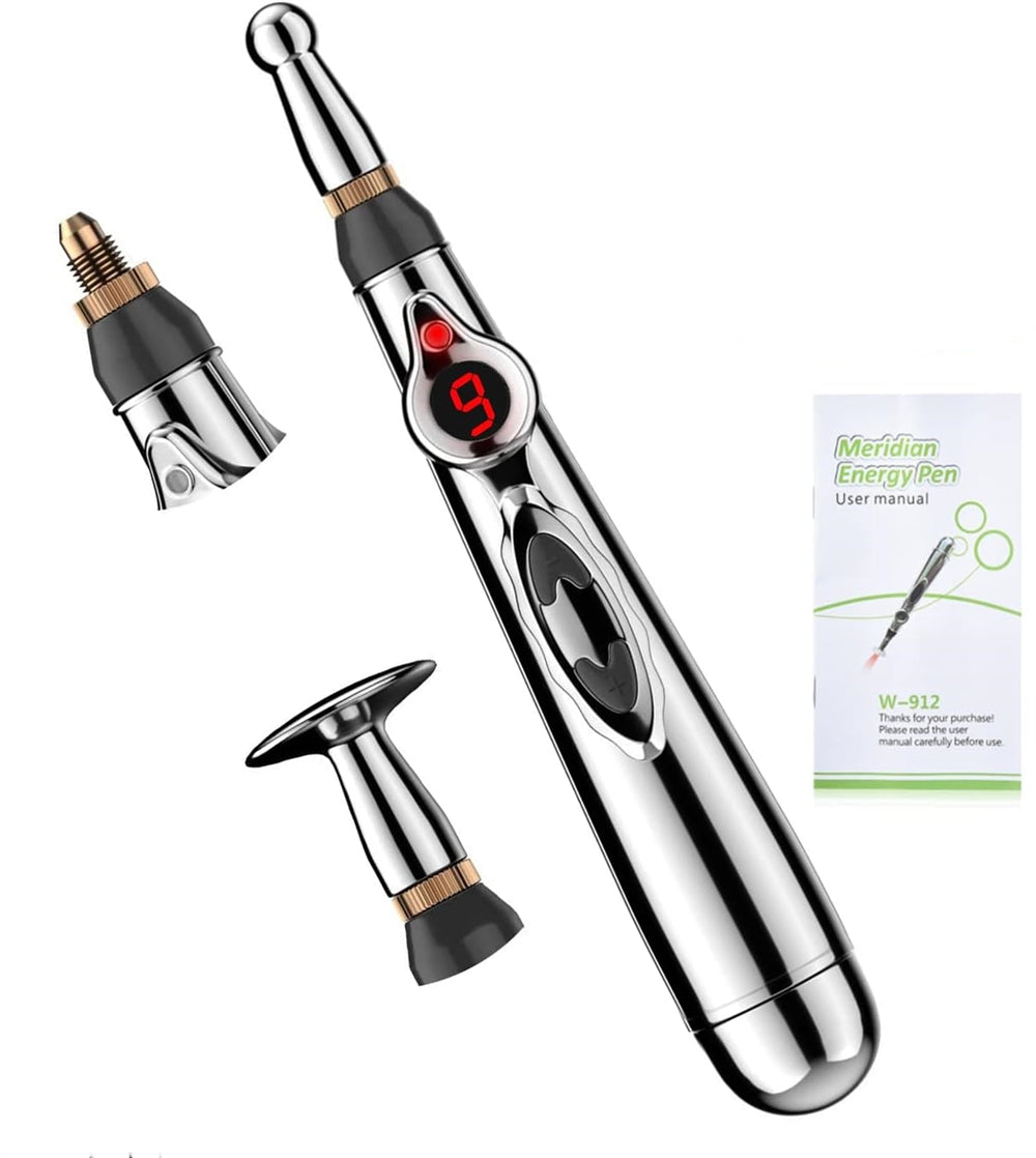 Premium Electronic Acupuncture Pen for Body Massage - EMS Microcurrent Acupressure Meridian Pen with 9 Adjustable Intensity Levels, Gua Sha Back Tool, Replaceable Massage Heads, and Needle-Free Pain Relief