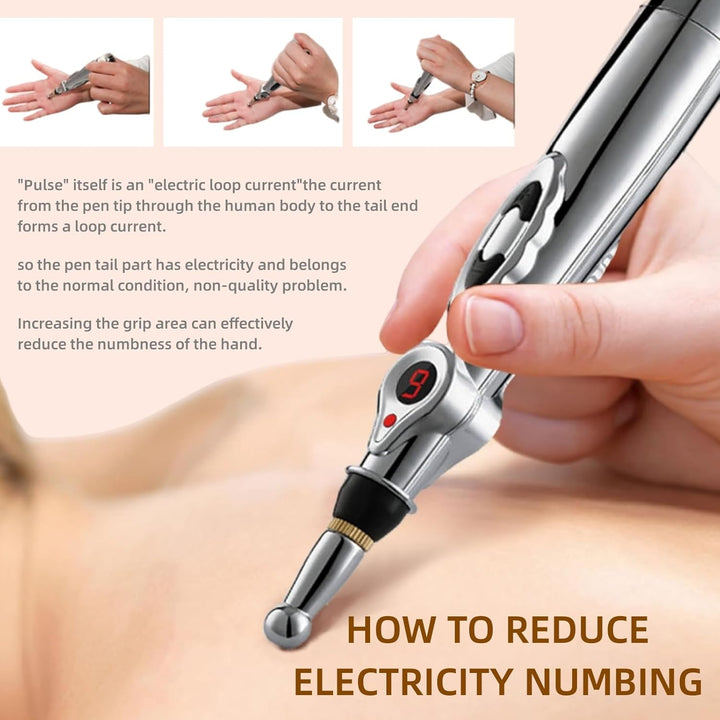 Premium Electronic Acupuncture Pen for Body Massage - EMS Microcurrent Acupressure Meridian Pen with 9 Adjustable Intensity Levels, Gua Sha Back Tool, Replaceable Massage Heads, and Needle-Free Pain Relief