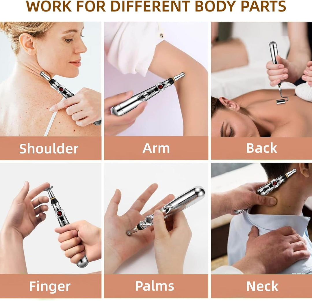 Premium Electronic Acupuncture Pen for Body Massage - EMS Microcurrent Acupressure Meridian Pen with 9 Adjustable Intensity Levels, Gua Sha Back Tool, Replaceable Massage Heads, and Needle-Free Pain Relief