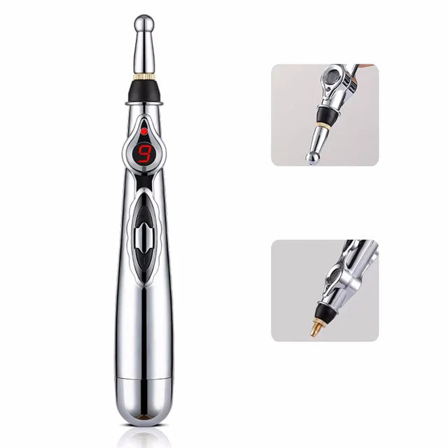 Premium Electronic Acupuncture Pen for Body Massage - EMS Microcurrent Acupressure Meridian Pen with 9 Adjustable Intensity Levels, Gua Sha Back Tool, Replaceable Massage Heads, and Needle-Free Pain Relief