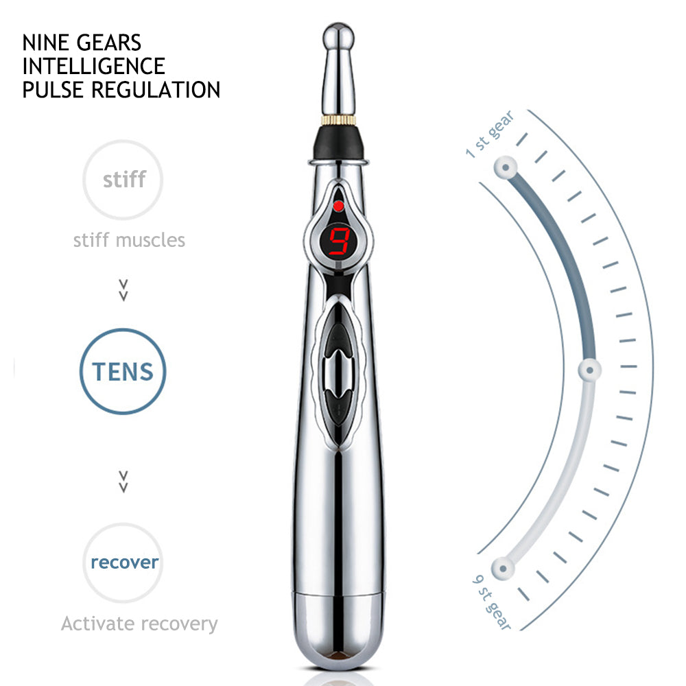 Premium Electronic Acupuncture Pen for Body Massage - EMS Microcurrent Acupressure Meridian Pen with 9 Adjustable Intensity Levels, Gua Sha Back Tool, Replaceable Massage Heads, and Needle-Free Pain Relief