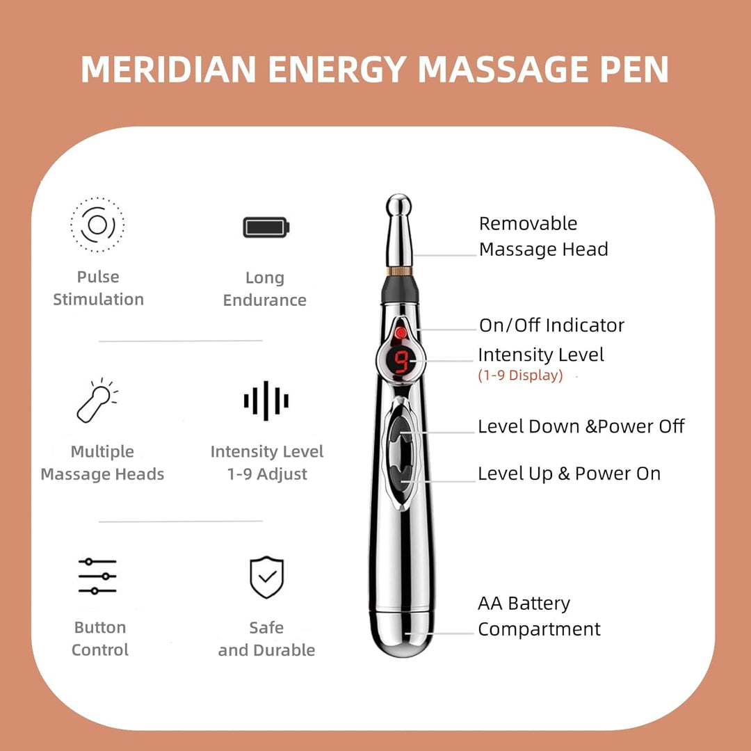 Premium Electronic Acupuncture Pen for Body Massage - EMS Microcurrent Acupressure Meridian Pen with 9 Adjustable Intensity Levels, Gua Sha Back Tool, Replaceable Massage Heads, and Needle-Free Pain Relief