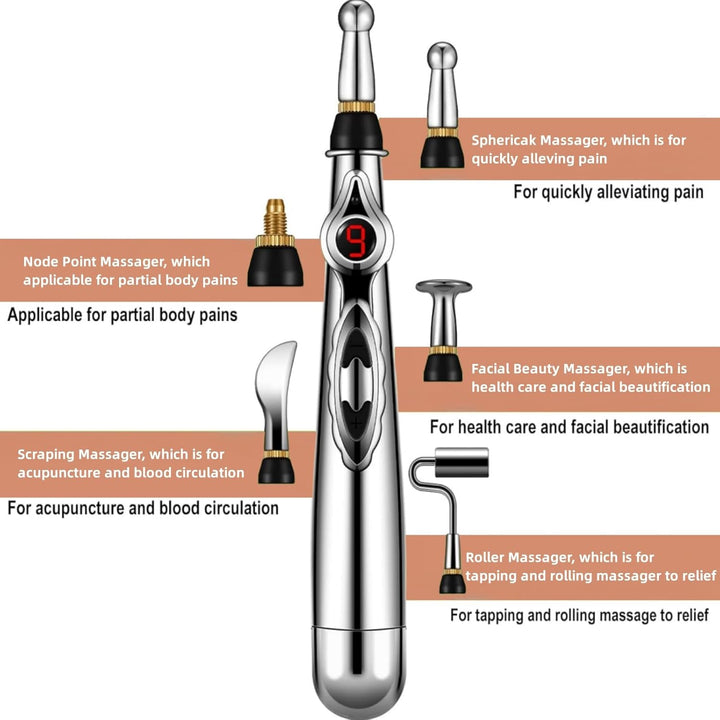 Premium Electronic Acupuncture Pen for Body Massage - EMS Microcurrent Acupressure Meridian Pen with 9 Adjustable Intensity Levels, Gua Sha Back Tool, Replaceable Massage Heads, and Needle-Free Pain Relief