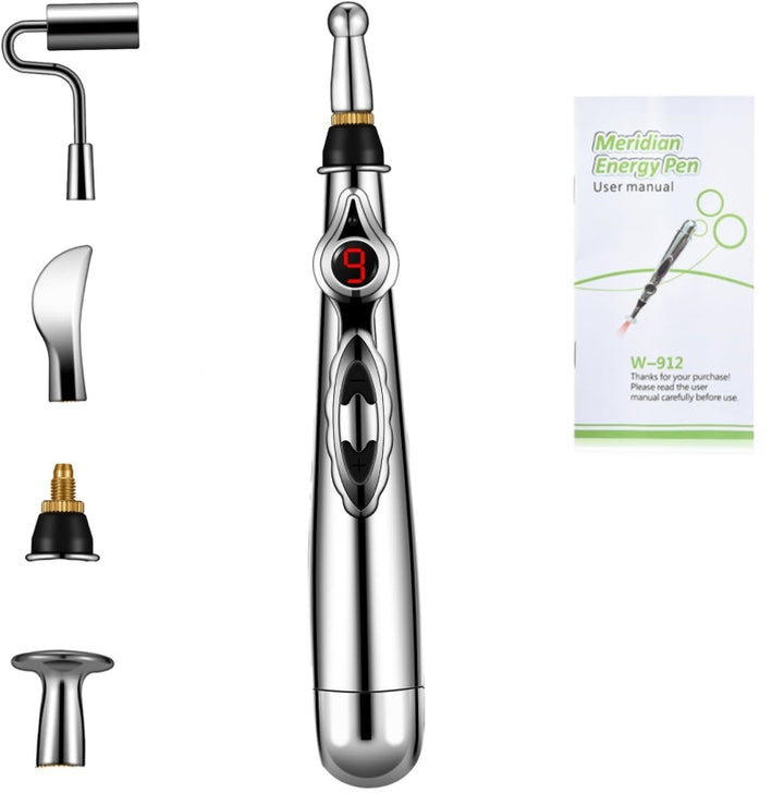 Premium Electronic Acupuncture Pen for Body Massage - EMS Microcurrent Acupressure Meridian Pen with 9 Adjustable Intensity Levels, Gua Sha Back Tool, Replaceable Massage Heads, and Needle-Free Pain Relief