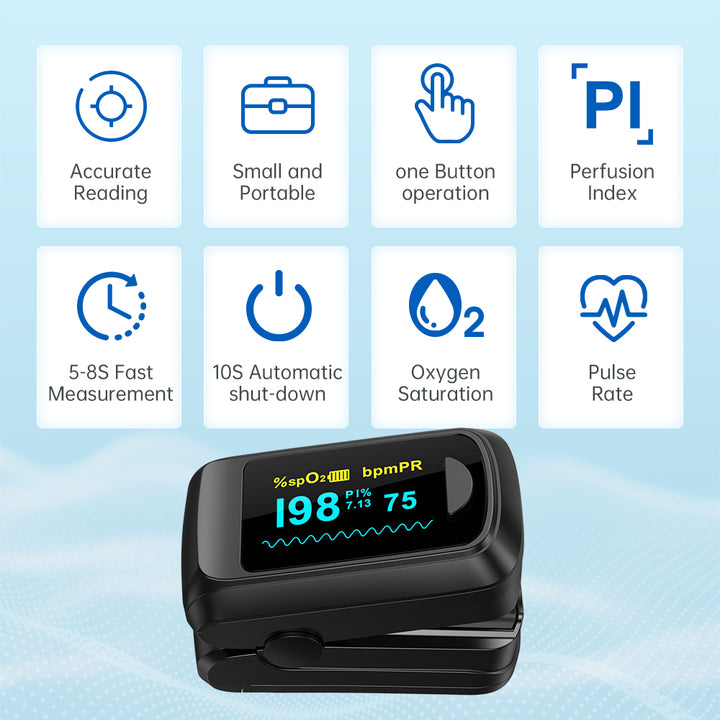 Premium Fingertip Pulse Oximeter – SPO2, Heart Rate, and Perfusion Index Monitor with OLED Display, Fast 8-Second Reading, and Auto Shut-Down, Ideal for Adults and Teens Above 12