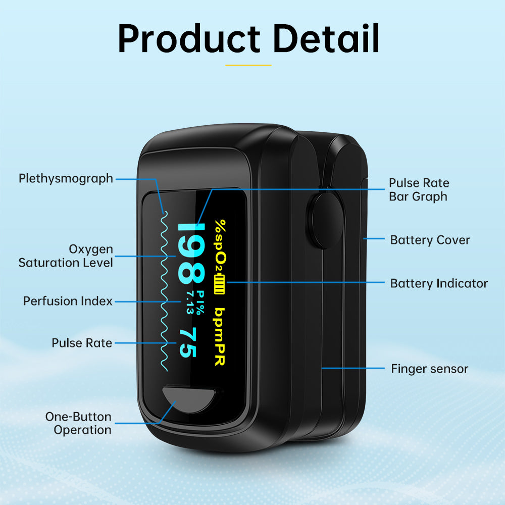 Premium Fingertip Pulse Oximeter – SPO2, Heart Rate, and Perfusion Index Monitor with OLED Display, Fast 8-Second Reading, and Auto Shut-Down, Ideal for Adults and Teens Above 12