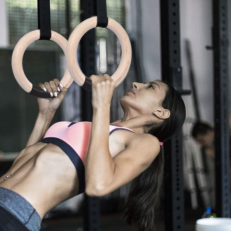 Premium Gymnastic Rings – Adjustable Wood Strength Training Rings with Heavy Duty Zinc Alloy Buckles & Anti-Slip Straps for Full-Body Workout, Home Gym Equipment