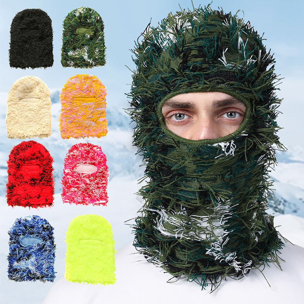 Premium Hip Hop Balaclava Beanie – Distressed Knit Ski Mask for Women, Camouflage Fuzzy Full Face Ski Hat, Outdoor Winter Wear, Trendy, Cozy and Stylish