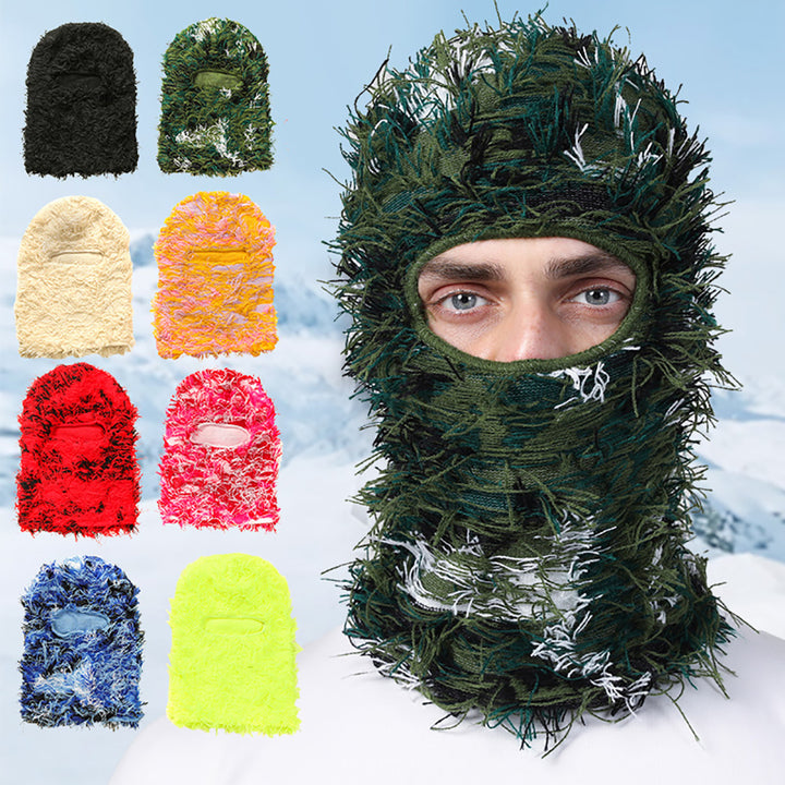 Premium Hip Hop Balaclava Beanie – Distressed Knit Ski Mask for Women, Camouflage Fuzzy Full Face Ski Hat, Outdoor Winter Wear, Trendy, Cozy and Stylish