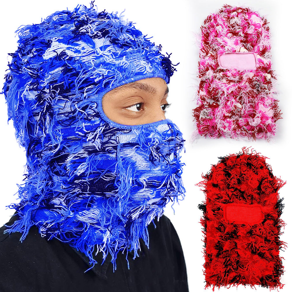 Premium Hip Hop Balaclava Beanie – Distressed Knit Ski Mask for Women, Camouflage Fuzzy Full Face Ski Hat, Outdoor Winter Wear, Trendy, Cozy and Stylish