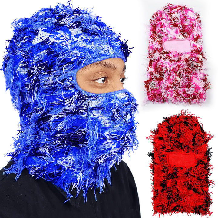 Premium Hip Hop Balaclava Beanie – Distressed Knit Ski Mask for Women, Camouflage Fuzzy Full Face Ski Hat, Outdoor Winter Wear, Trendy, Cozy and Stylish