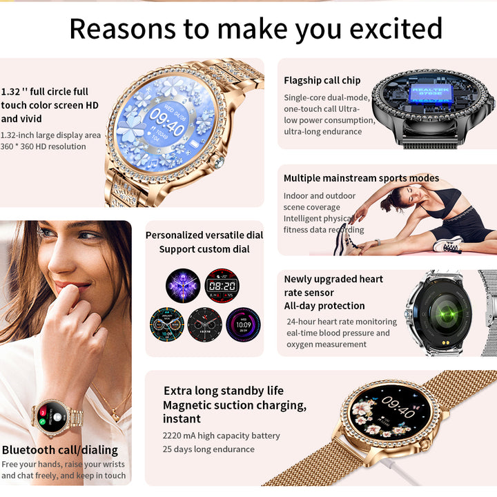 Premium Luxury Women's Smartwatch – Heart Rate, Blood Oxygen, Sleep Monitoring, Bluetooth Call, Diamond Bracelet, 1.32" HD Display, IP67 Waterproof, Fitness Tracker, Multi-Sport Modes