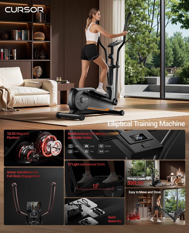 Premium Magnetic Elliptical Machine for Home – Quiet Elliptical Trainer with 8 Resistance Levels, 12" Stride and LCD Monitor