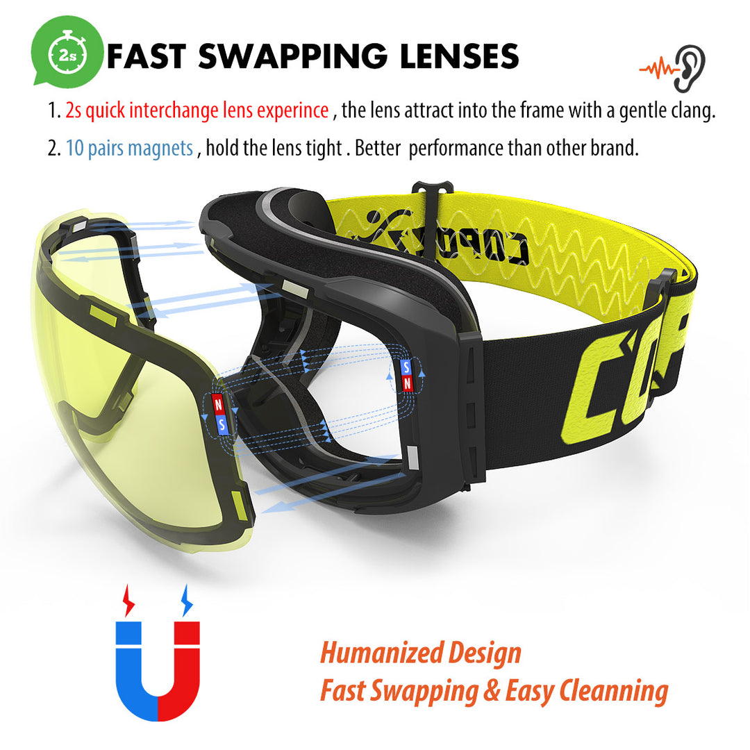 Premium Magnetic Ski Goggles – Quick-Change Lens, UV400 Protection, Anti-Fog, Explosion-Proof, Snowboard Ski Glasses for Men & Women, Includes Case and Yellow Lens