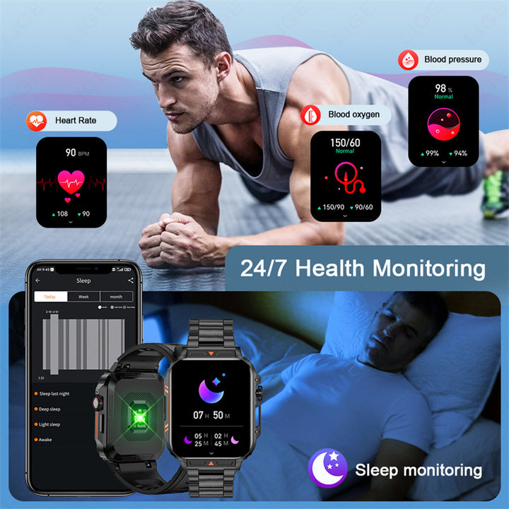 Premium Outdoor Military Smartwatch for Men - Bluetooth Calling, IP68 Waterproof, 100+ Sports Modes, 1.95-inch Display, Heart Rate & Health Monitoring