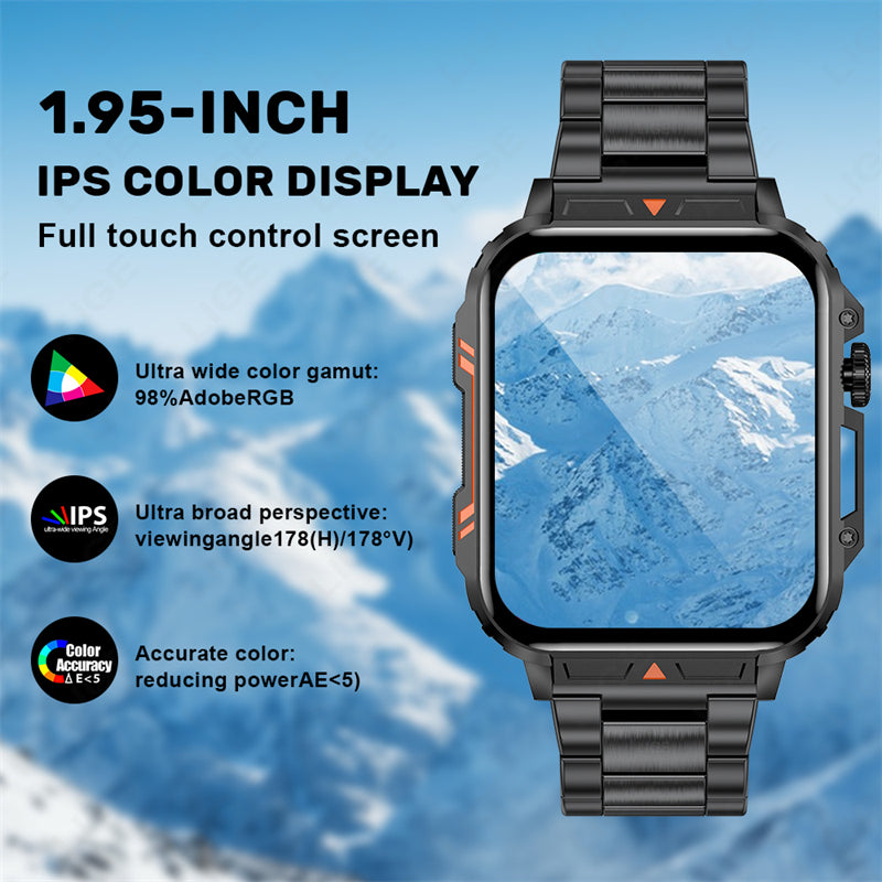 Premium Outdoor Military Smartwatch for Men - Bluetooth Calling, IP68 Waterproof, 100+ Sports Modes, 1.95-inch Display, Heart Rate & Health Monitoring