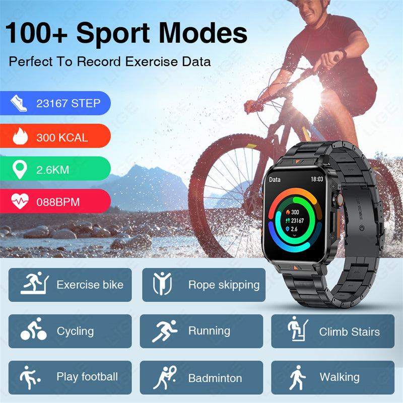 Premium Outdoor Military Smartwatch for Men - Bluetooth Calling, IP68 Waterproof, 100+ Sports Modes, 1.95-inch Display, Heart Rate & Health Monitoring