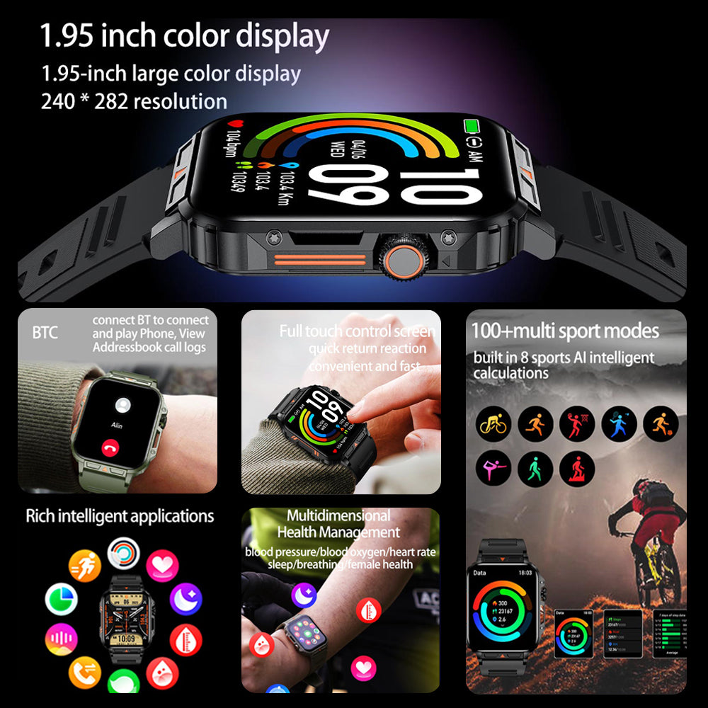 Premium Outdoor Military Smartwatch for Men - Bluetooth Calling, IP68 Waterproof, 100+ Sports Modes, 1.95-inch Display, Heart Rate & Health Monitoring