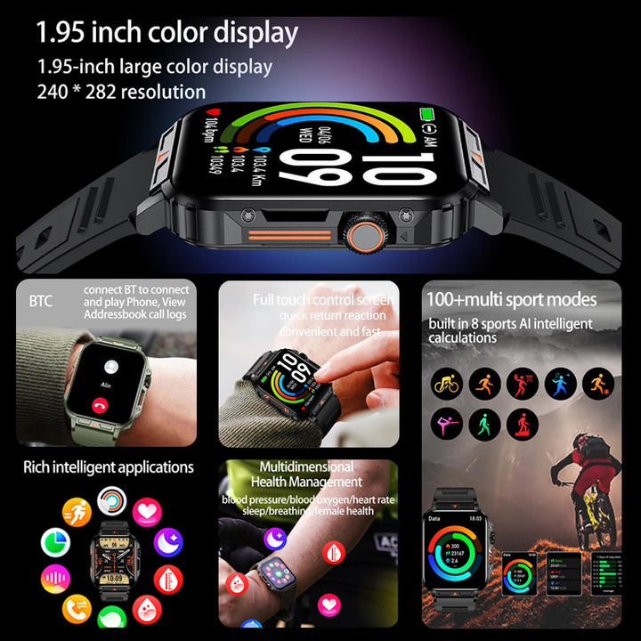 Premium Outdoor Military Smartwatch for Men - Bluetooth Calling, IP68 Waterproof, 100+ Sports Modes, 1.95-inch Display, Heart Rate & Health Monitoring