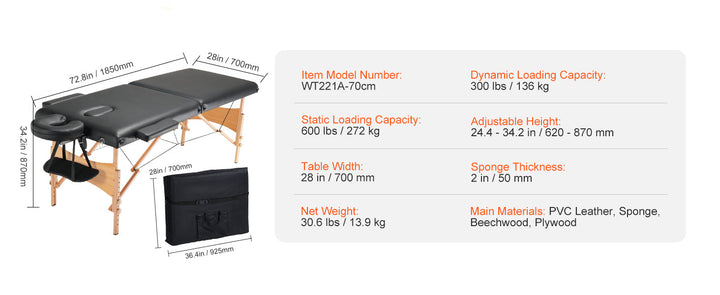 Premium Portable Massage Table 28 Inch – Folding Adjustable Salon Tattoo Bed with 600 lb Static Capacity