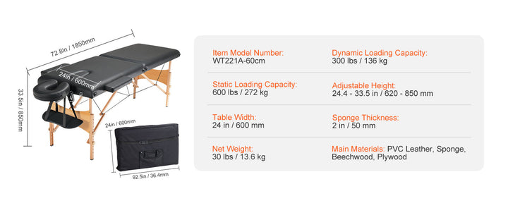 Premium Portable Massage Table 28 Inch – Folding Adjustable Salon Tattoo Bed with 600 lb Static Capacity