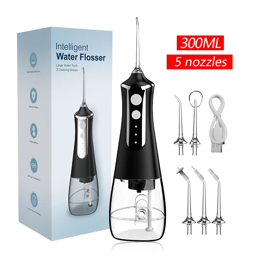 Premium Portable Oral Irrigator – 300ML USB Rechargeable Water Flosser with 5 Nozzles and 3 Modes