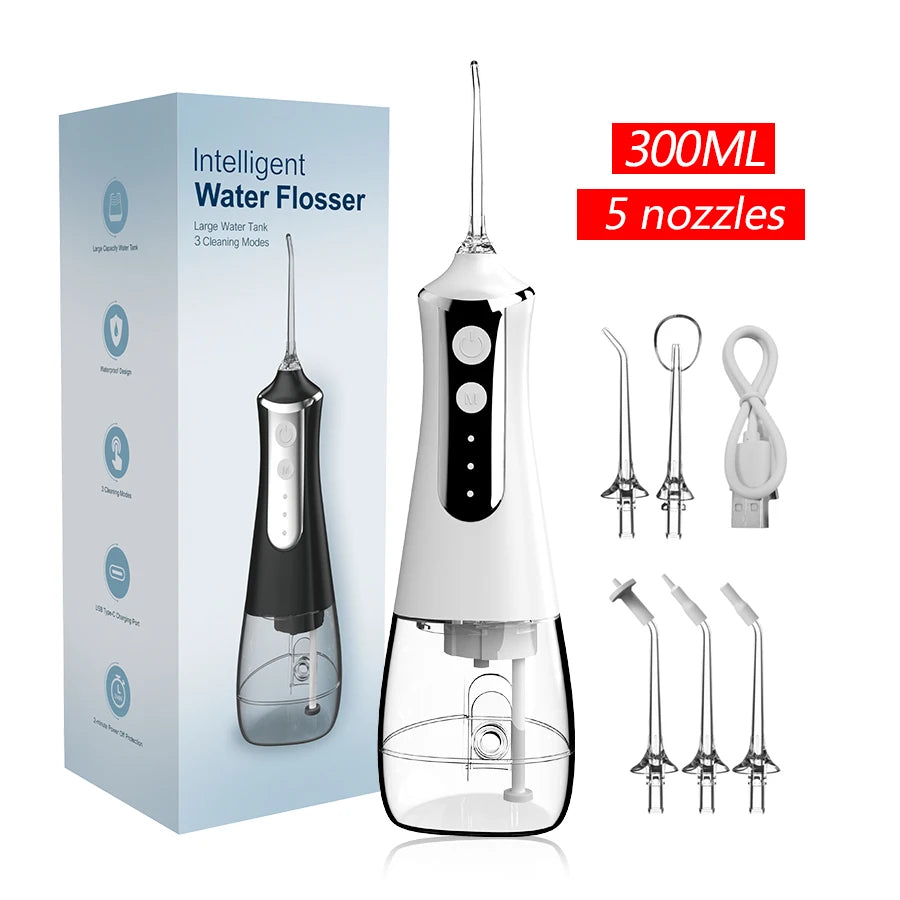 Premium Portable Oral Irrigator – 300ML USB Rechargeable Water Flosser with 5 Nozzles and 3 Modes