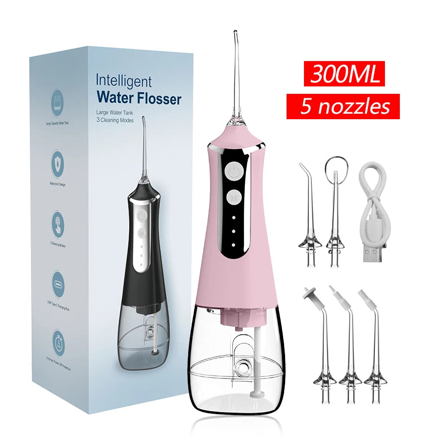 Premium Portable Oral Irrigator – 300ML USB Rechargeable Water Flosser with 5 Nozzles and 3 Modes