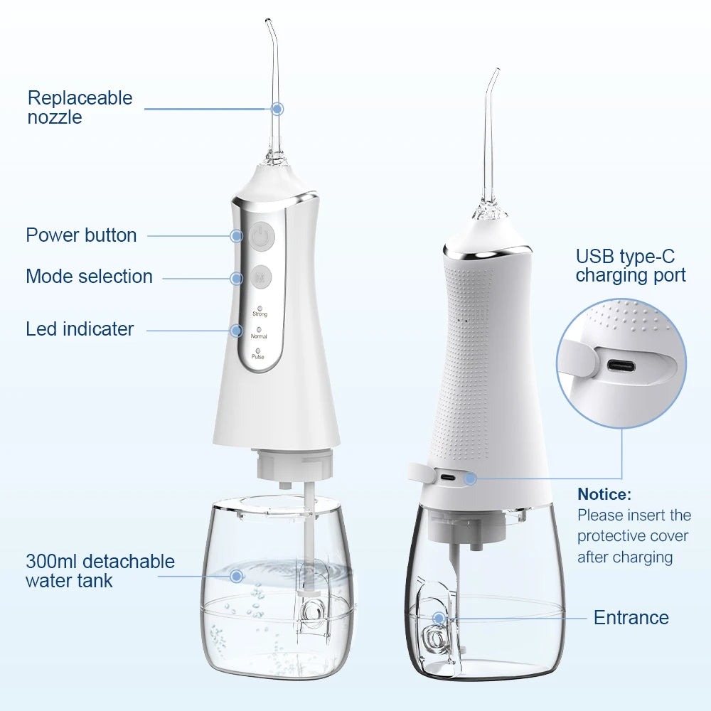 Premium Portable Oral Irrigator – 300ML USB Rechargeable Water Flosser with 5 Nozzles and 3 Modes