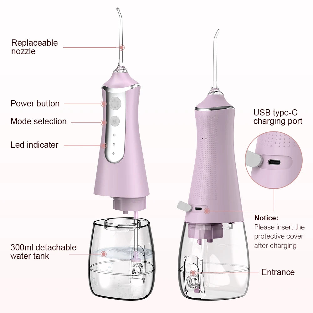 Premium Portable Oral Irrigator – 300ML USB Rechargeable Water Flosser with 5 Nozzles and 3 Modes