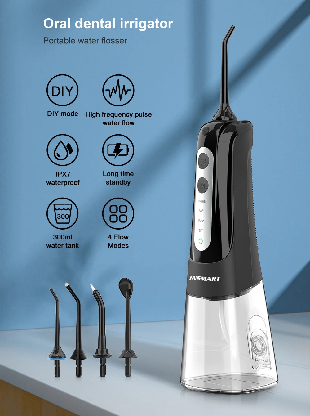 Premium Portable Oral Irrigator – Rechargeable Dental Water Flosser with 300ml Tank, Multiple Nozzles, Waterproof Design for Everyday Oral Care