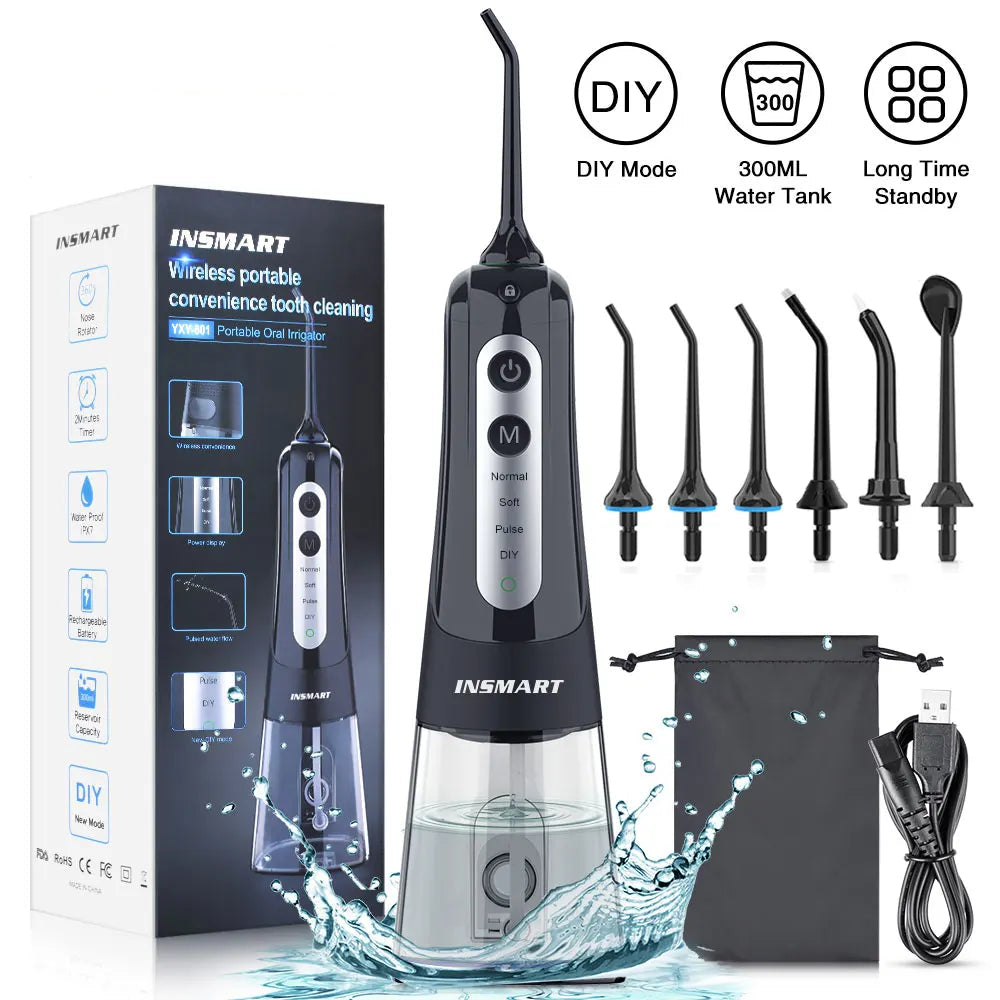 Premium Portable Oral Irrigator – Rechargeable Dental Water Flosser with 300ml Tank, Multiple Nozzles, Waterproof Design for Everyday Oral Care