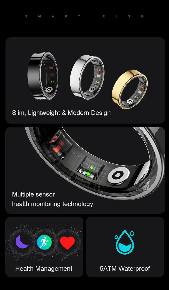 Premium R09 Smart Ring – Heart Rate Blood Oxygen and Skin Temperature Monitor with Charging Case 5ATM Waterproof