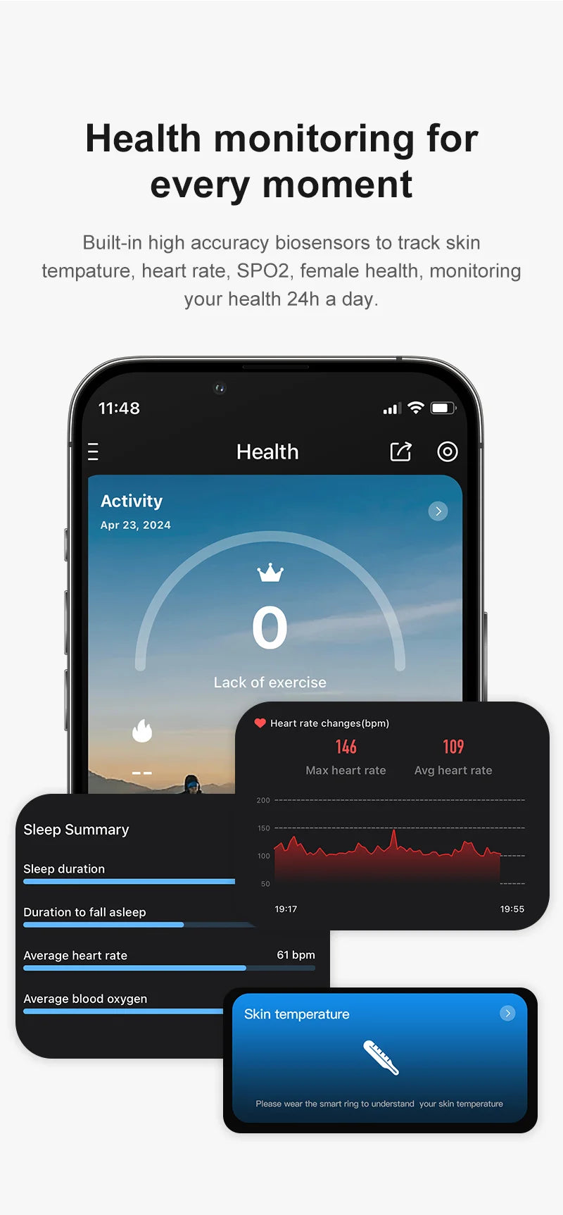 Premium R09 Smart Ring – Heart Rate Blood Oxygen and Skin Temperature Monitor with Charging Case 5ATM Waterproof