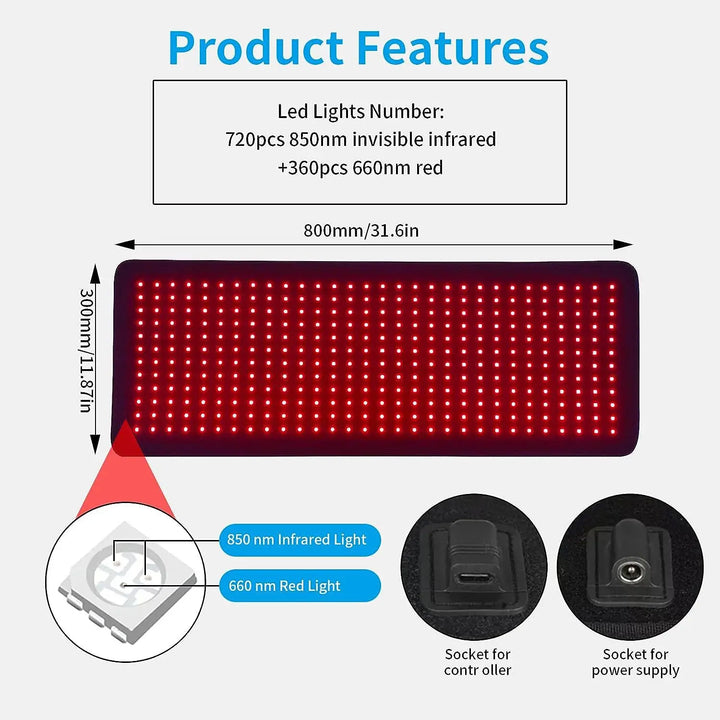 Premium Red Light Therapy Pad – 660nm and 850nm Infrared LED Lumbar Belt for Back Waist and Knee Support