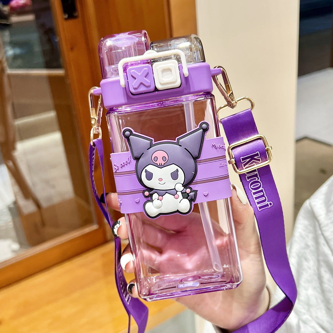 Premium Sanrio Cartoon Water Bottle – 520ML Double Drink Cup – Large Capacity Plastic Bottle for Students – Featuring Melody, Kuromi, Cinnamoroll & Onpompurin Characters – Cute and Functional Drinkware