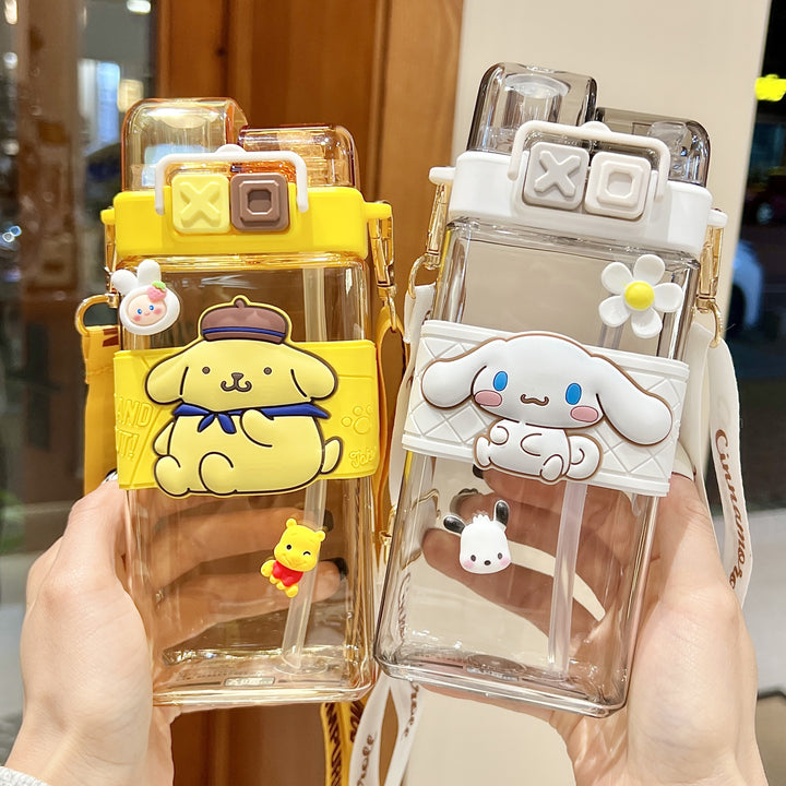 Premium Sanrio Cartoon Water Bottle – 520ML Double Drink Cup – Large Capacity Plastic Bottle for Students – Featuring Melody, Kuromi, Cinnamoroll & Onpompurin Characters – Cute and Functional Drinkware