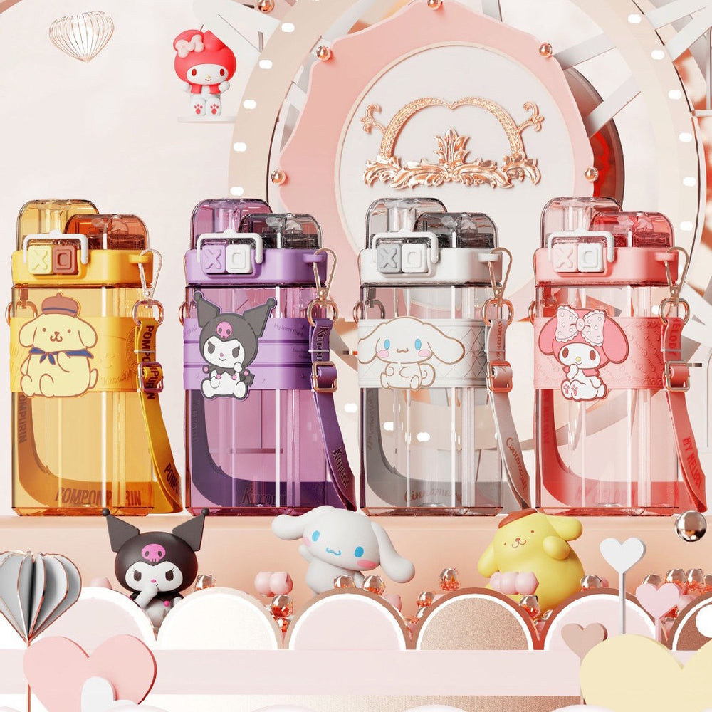 Premium Sanrio Cartoon Water Bottle – 520ML Double Drink Cup – Large Capacity Plastic Bottle for Students – Featuring Melody, Kuromi, Cinnamoroll & Onpompurin Characters – Cute and Functional Drinkware