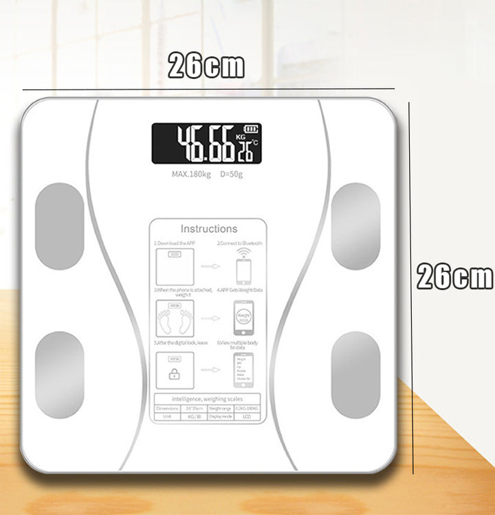 Premium Smart Digital Body Weight Scale – Wireless Fat Analyzer with Smartphone App, Tempered Glass Design, Available in Black, Pink, White, Compact 26x26cm Size, Ideal for Home Use
