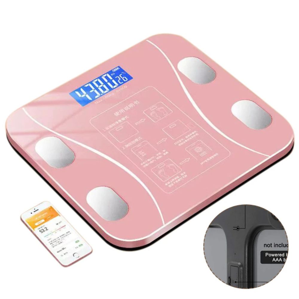 Premium Smart Digital Body Weight Scale – Wireless Fat Analyzer with Smartphone App, Tempered Glass Design, Available in Black, Pink, White, Compact 26x26cm Size, Ideal for Home Use