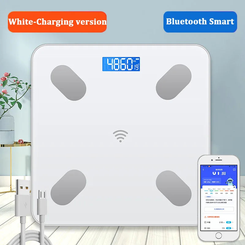 Premium Smart Digital Body Weight Scale – Wireless Fat Analyzer with Smartphone App, Tempered Glass Design, Available in Black, Pink, White, Compact 26x26cm Size, Ideal for Home Use