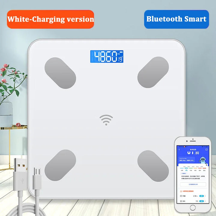 Premium Smart Digital Body Weight Scale – Wireless Fat Analyzer with Smartphone App, Tempered Glass Design, Available in Black, Pink, White, Compact 26x26cm Size, Ideal for Home Use