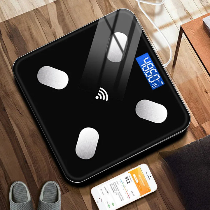 Premium Smart Digital Body Weight Scale – Wireless Fat Analyzer with Smartphone App, Tempered Glass Design, Available in Black, Pink, White, Compact 26x26cm Size, Ideal for Home Use