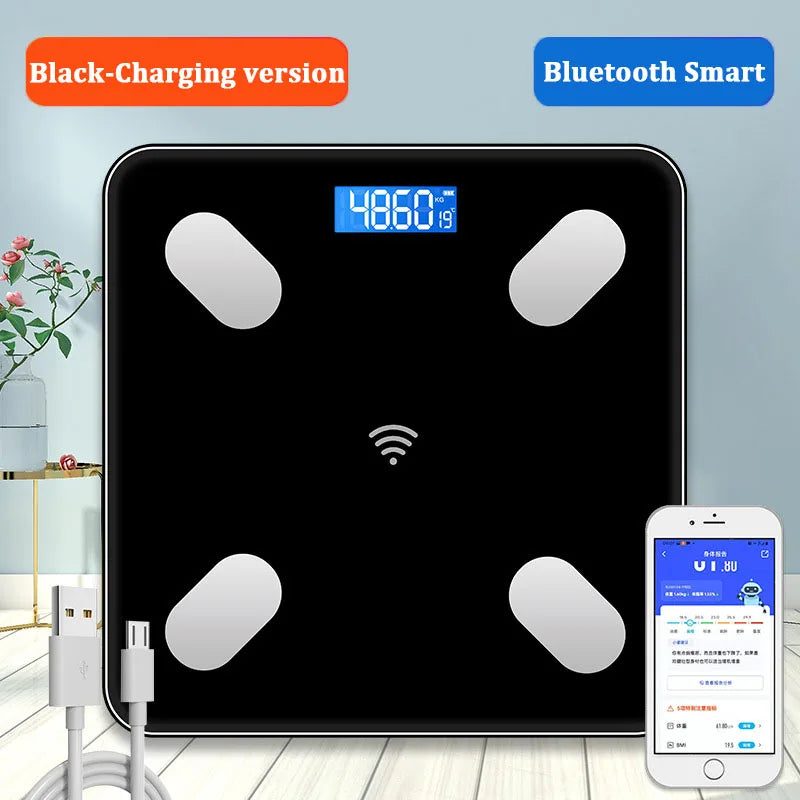Premium Smart Digital Body Weight Scale – Wireless Fat Analyzer with Smartphone App, Tempered Glass Design, Available in Black, Pink, White, Compact 26x26cm Size, Ideal for Home Use